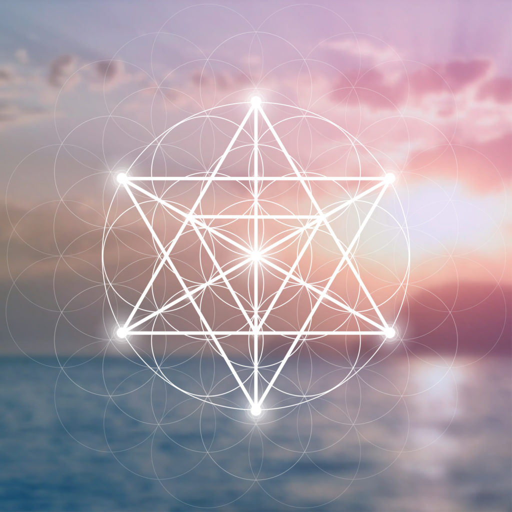 Merkaba sacred geometry spiritual new age futuristic illustration with interlocking circles, triangles and glowing particles